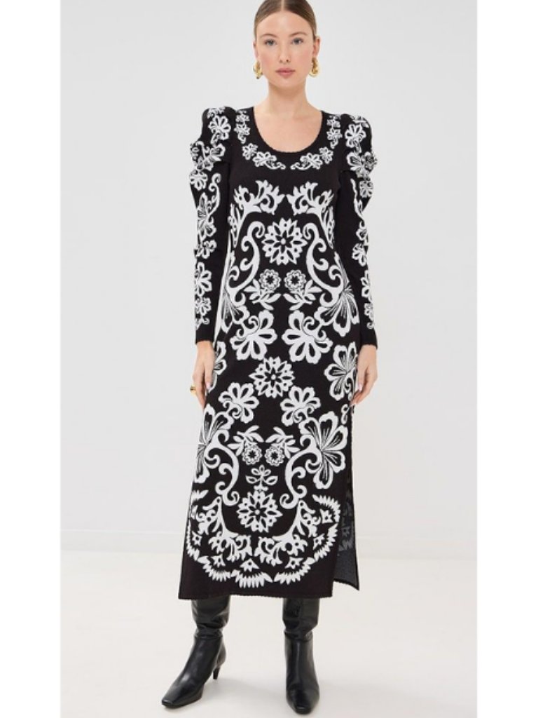Farm Rio Long-Sleeve Floral Midi Dress Black Women's Sizexl